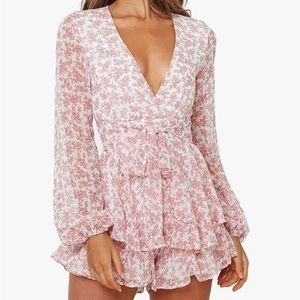 Women Floral Print Long Sleeves Rompers Ruffle Hem Deep V-Neck (Small-Medium)